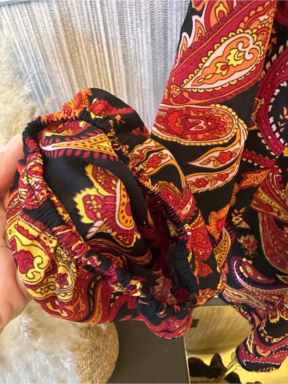 New York & Company Paisley Surplice Blouse Small Black Red Long Sleeve Boho - Picture 4 of 9